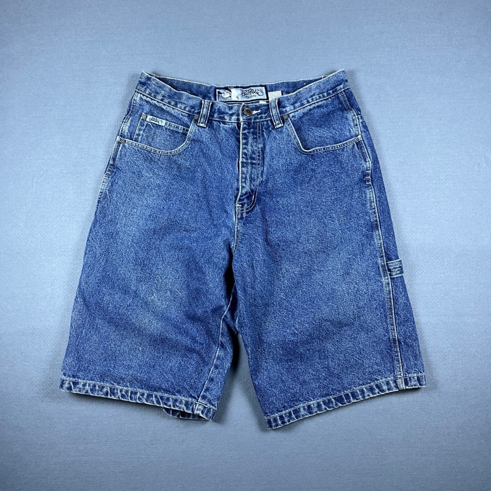 Southpole Mens Vintage Baggy Carpenter Denim Shorts Blue Embroidered Size 34 - Picture 5 of 10